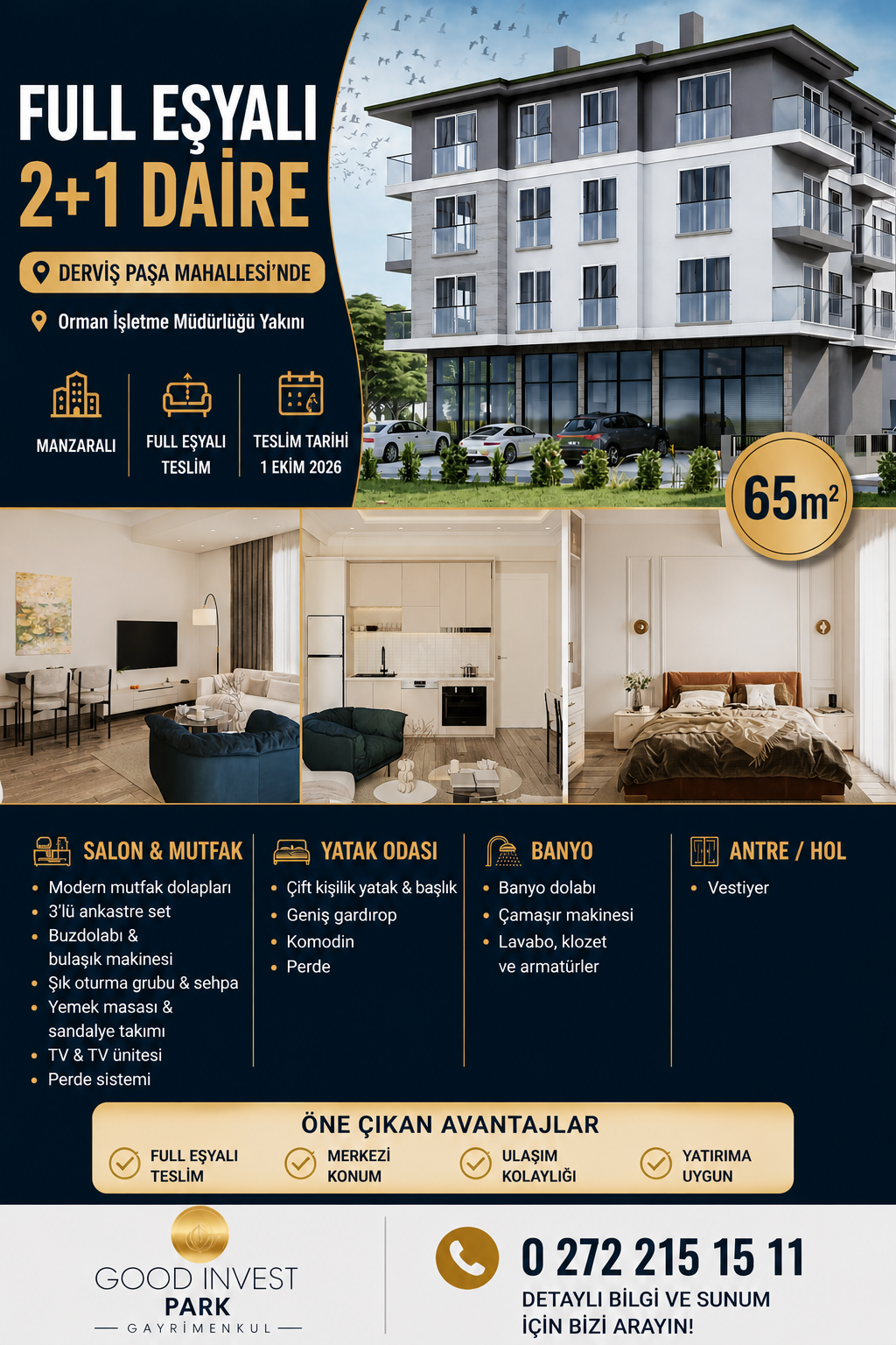 DERVİŞ PAŞA MAHALLESİ’NDE FULL EŞYALI 2+1 DAİRE 1 EKİM 2026 TESLİM H.K